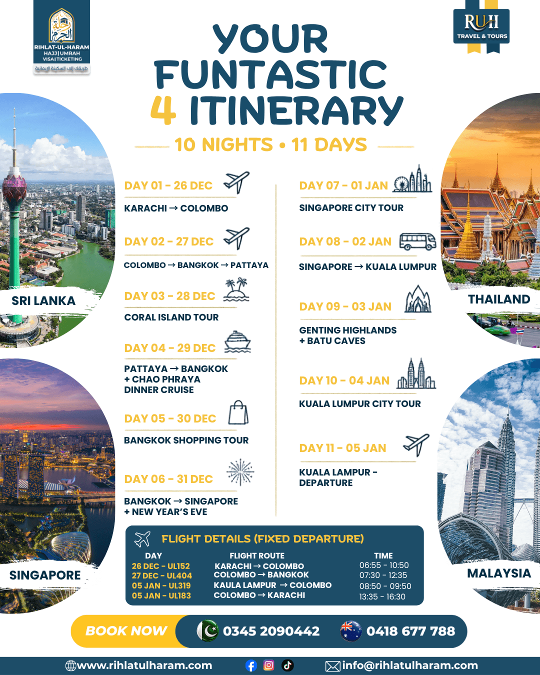 Ten-night, eleven-day tour itinerary with daily schedule and flight timetable